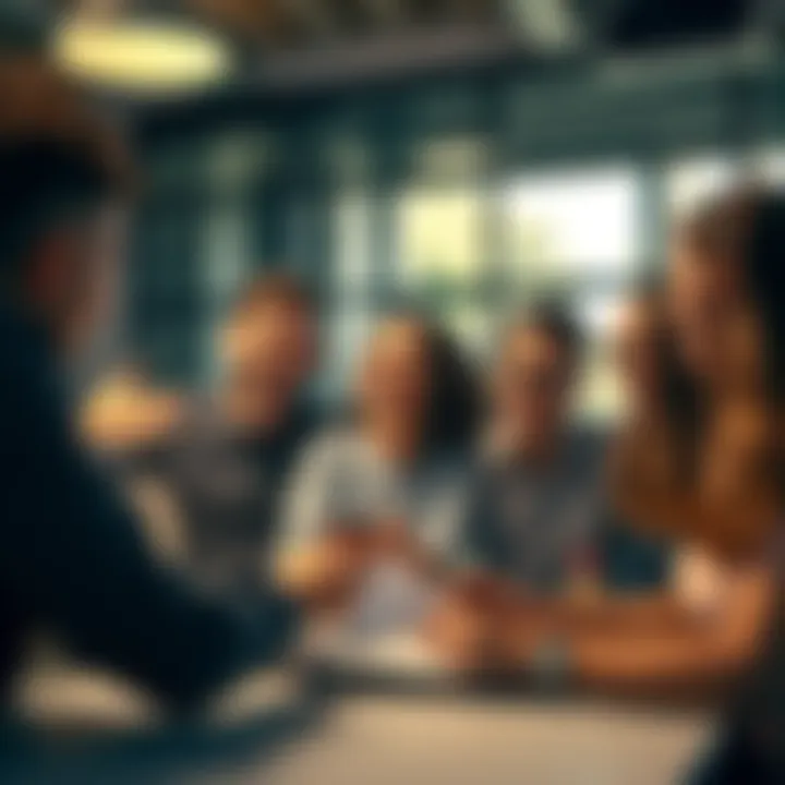 A group of excited individuals planning and discussing tasks for the upcoming month in a lively setting.