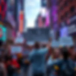 A diverse group of people holding signs that advocate for online freedom in a vibrant city square, showing determination and unity