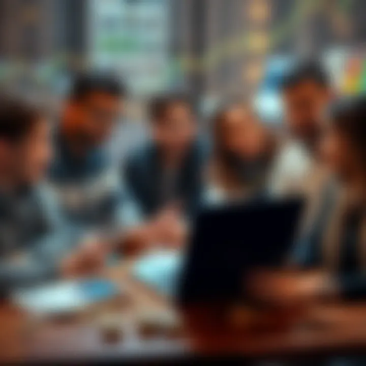 A group of diverse people discussing international money transfers using cryptocurrencies, with a laptop and smartphone on a table, showing crypto symbols and currency exchange charts.