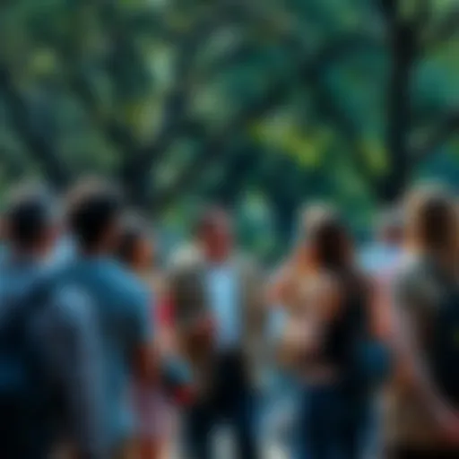 A diverse group of people discussing current issues in a park setting.