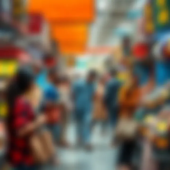 A diverse group of people browsing and comparing products at different vendor stalls in a market