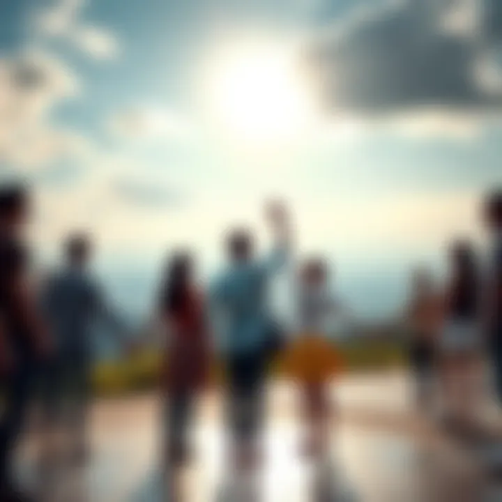 A group of diverse people holding hands with a backdrop of a peaceful landscape to symbolize support for mental health awareness.