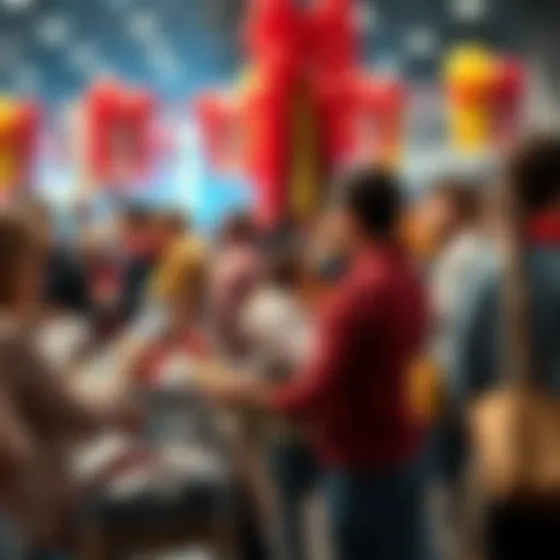 A group of people exchanging items at a lively swap event, showcasing variety and excitement