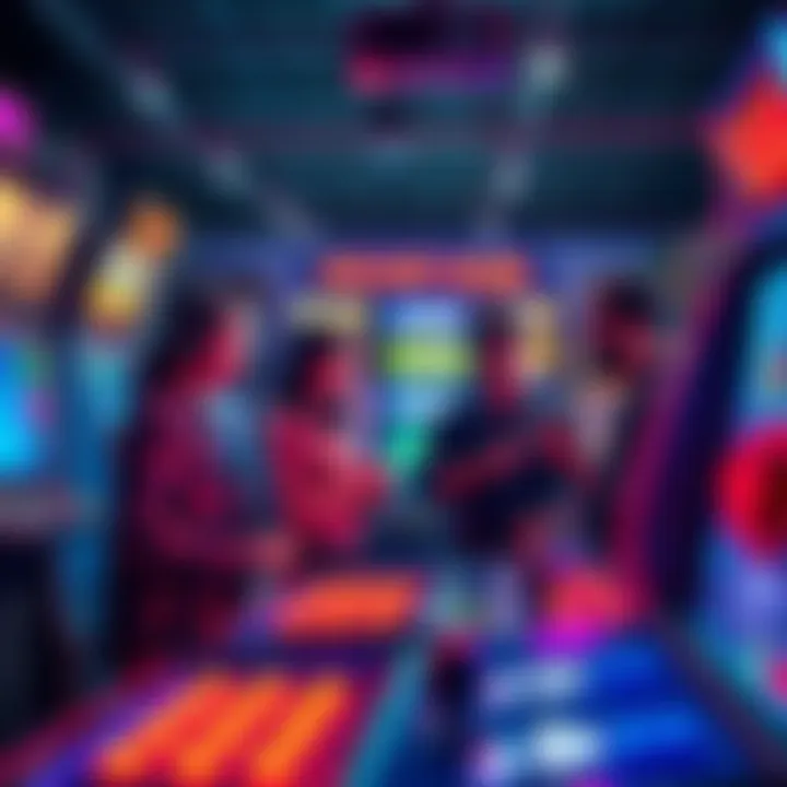 A group of people discussing and troubleshooting arcade games in a lively setting