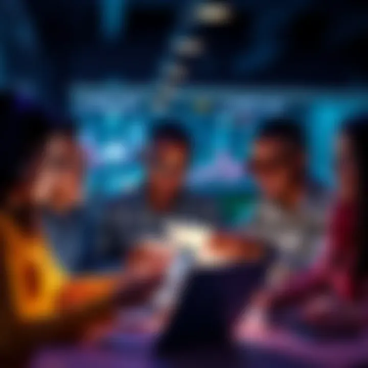 A group of diverse people engaging with decentralized finance platforms on laptops and mobile devices, discussing strategies for earning income.