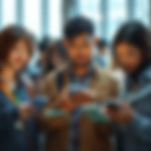 A group of people engaged with various technology devices like smartphones and laptops, reflecting changes in daily life.