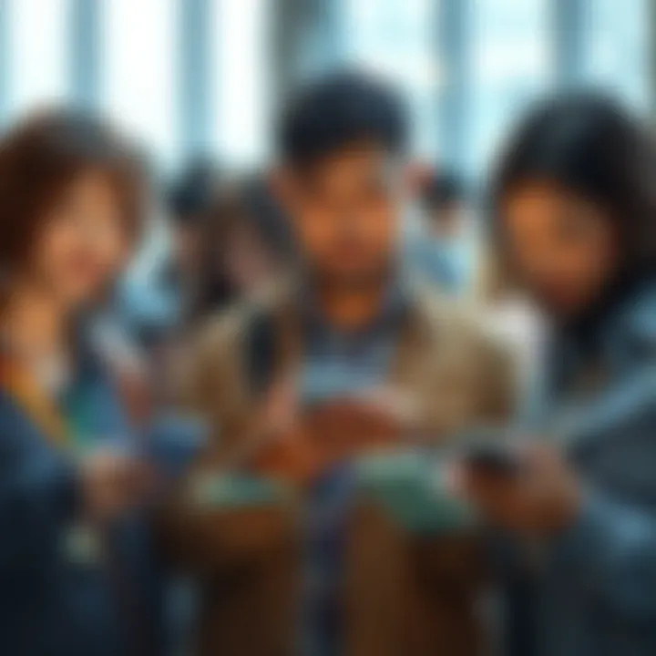 A group of people engaged with various technology devices like smartphones and laptops, reflecting changes in daily life.