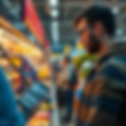 A person paying for groceries with USDC on their smartphone, showing a grocery store background