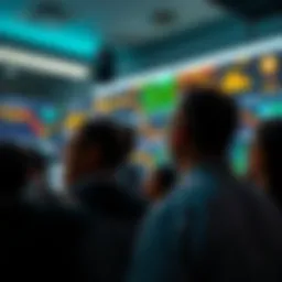 Group of people focused on digital screens showing Bitcoin price charts and graphs in a lively environment