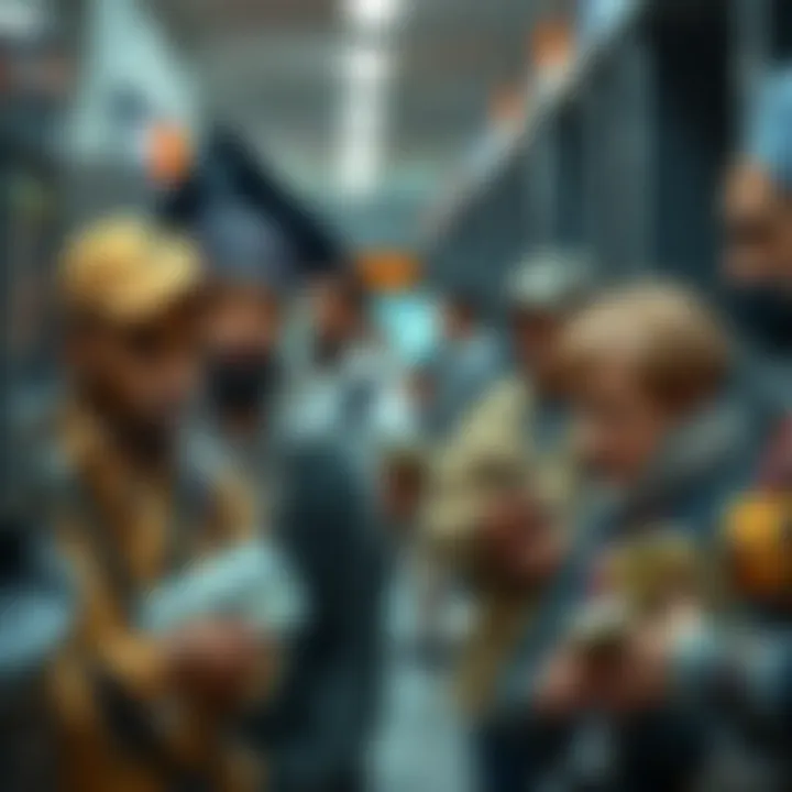 A diverse group of people in various countries withdrawing cash from ATMs and banks, showcasing different currencies and financial interactions.