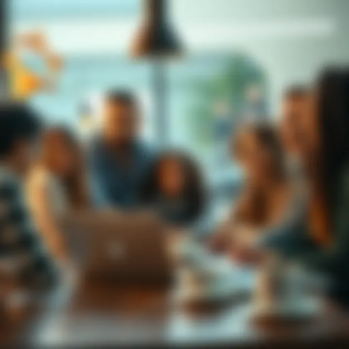 A group of diverse people discussing and sharing ideas about the upcoming Percolator release, with a laptop and coffee cups on a table.