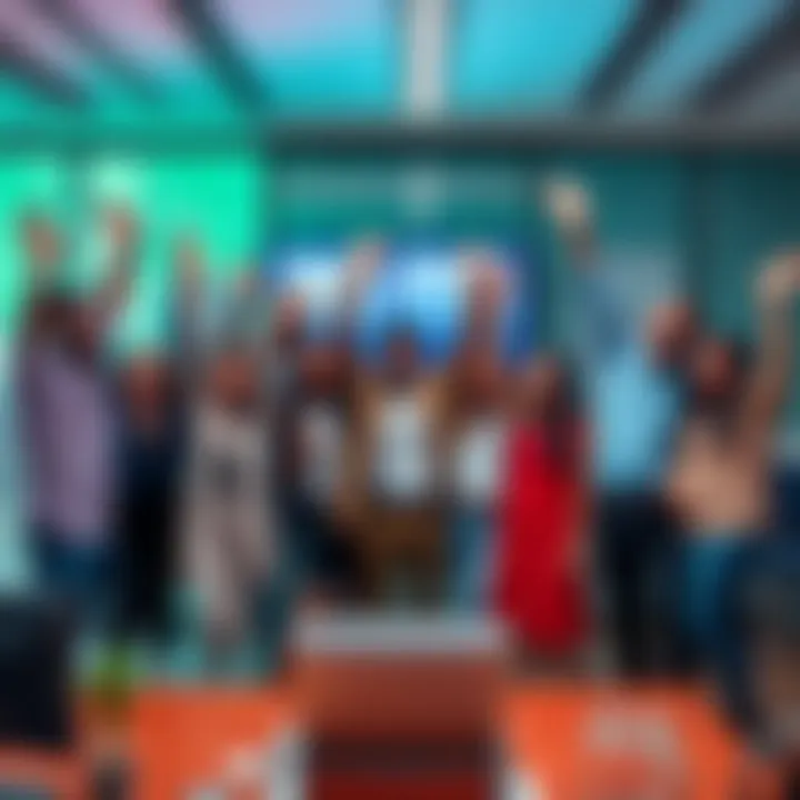 A group of diverse professionals celebrating the achievement of a perfect score in an office setting, with charts showing positive trends on a screen.