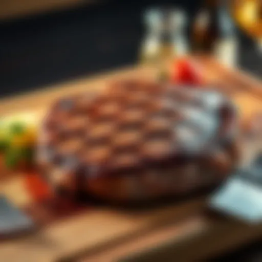 A juicy New York steak with a rich sear resting on a wooden cutting board, ready to be served.