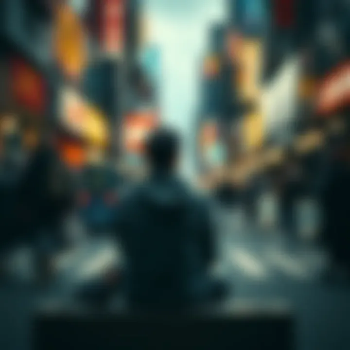 A solitary individual surrounded by a busy street, showing signs of stress and contemplation