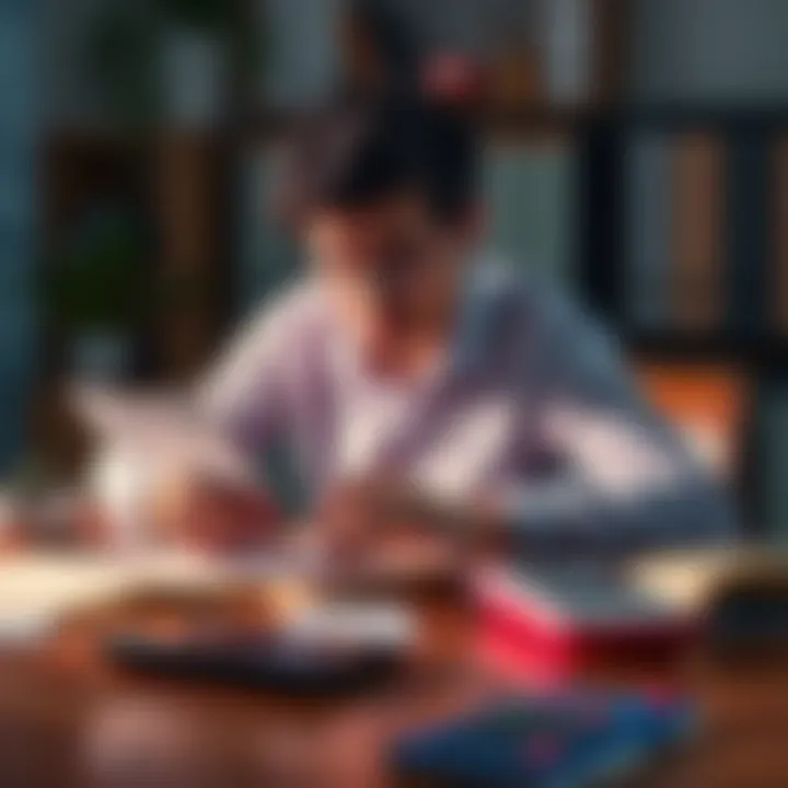 Individual sitting at a table with bills and a calculator, looking concerned about finances