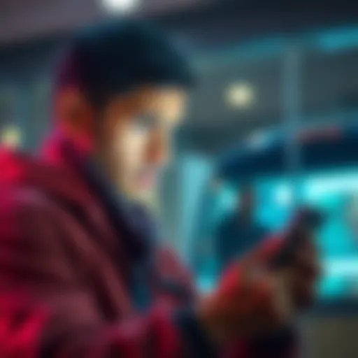 A worried individual looking at their bank account on a smartphone, concerned about money theft