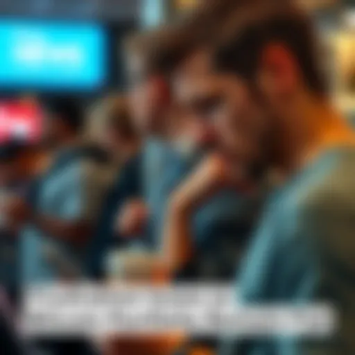 A frustrated person looking at their phone while waiting in line for coffee, showing a Bitcoin portfolio app with unchanged values