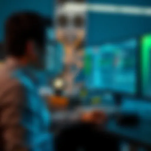 A person sitting at a desk looking at a computer screen with node operations displayed