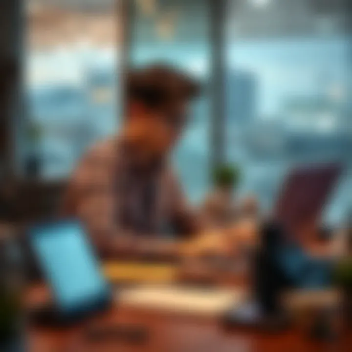 Individual sitting at a desk, focused on a laptop while filling out surveys for rewards