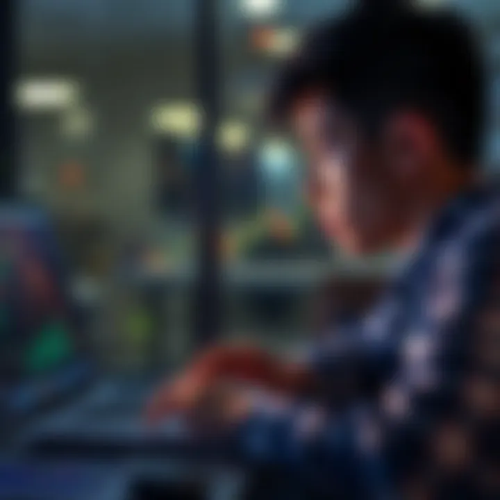 A young adult looking at a laptop with Bitcoin charts on the screen, pondering investment options between Bitcoin and traditional markets.
