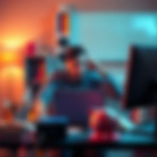 A person sitting at a desk with a computer, looking stressed while surrounded by online shopping items and a piggy bank, symbolizing the struggle between impulse buying and saving for goals.