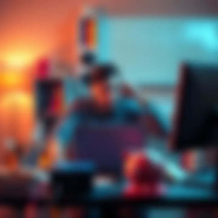 A person sitting at a desk with a computer, looking stressed while surrounded by online shopping items and a piggy bank, symbolizing the struggle between impulse buying and saving for goals.