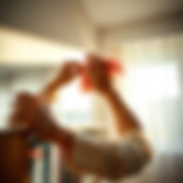 A person using a microfiber cloth to dust a bookshelf in a bright room