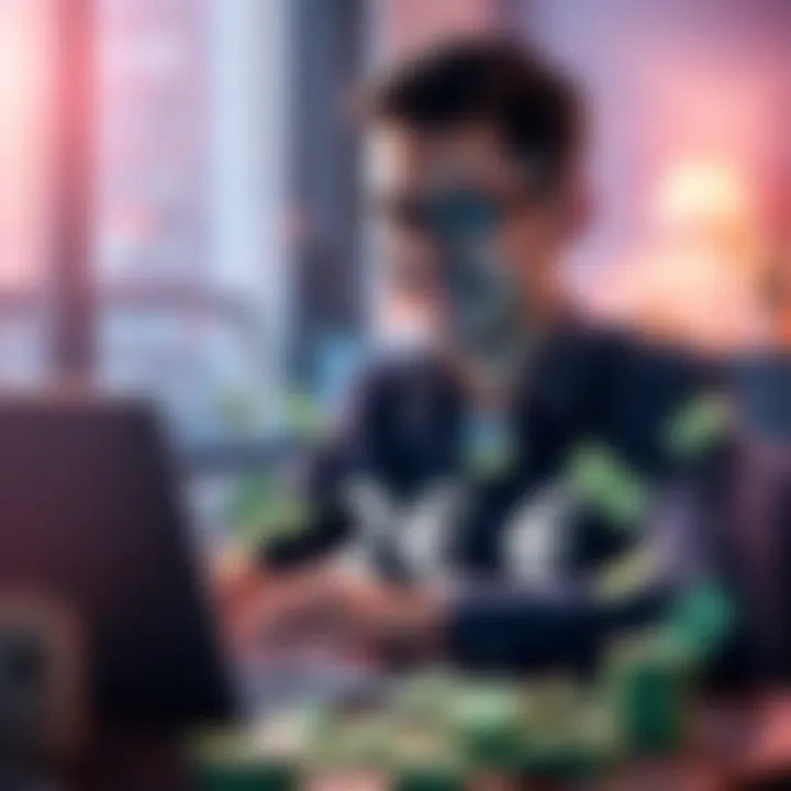 A person happily using a laptop, with money icons around representing earning 125€ quickly.