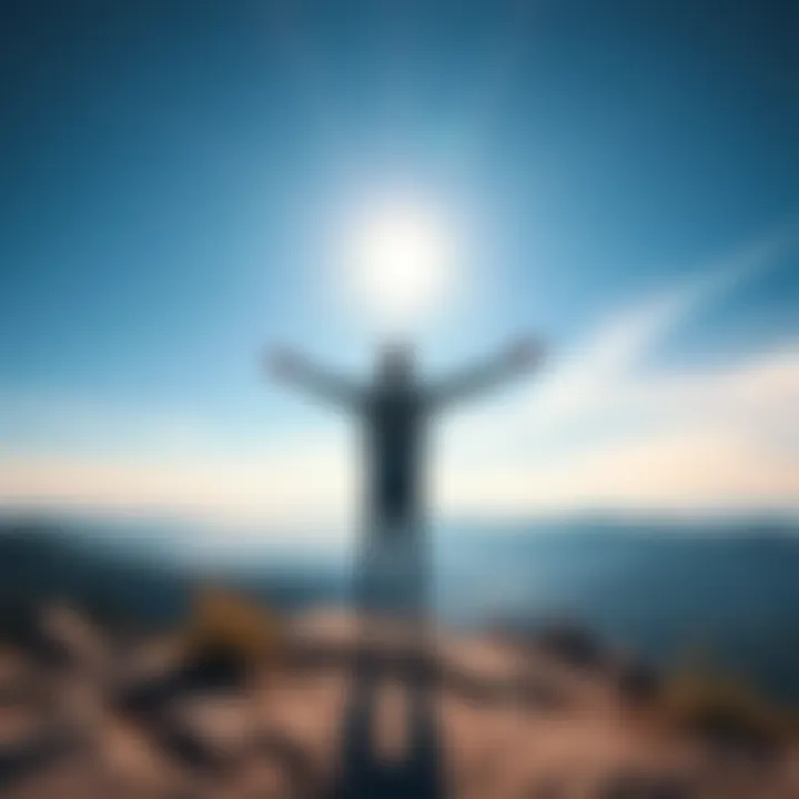 Person Embracing Change Individual standing with arms open wide in a scenic view, symbolizing acceptance of change and new beginnings.