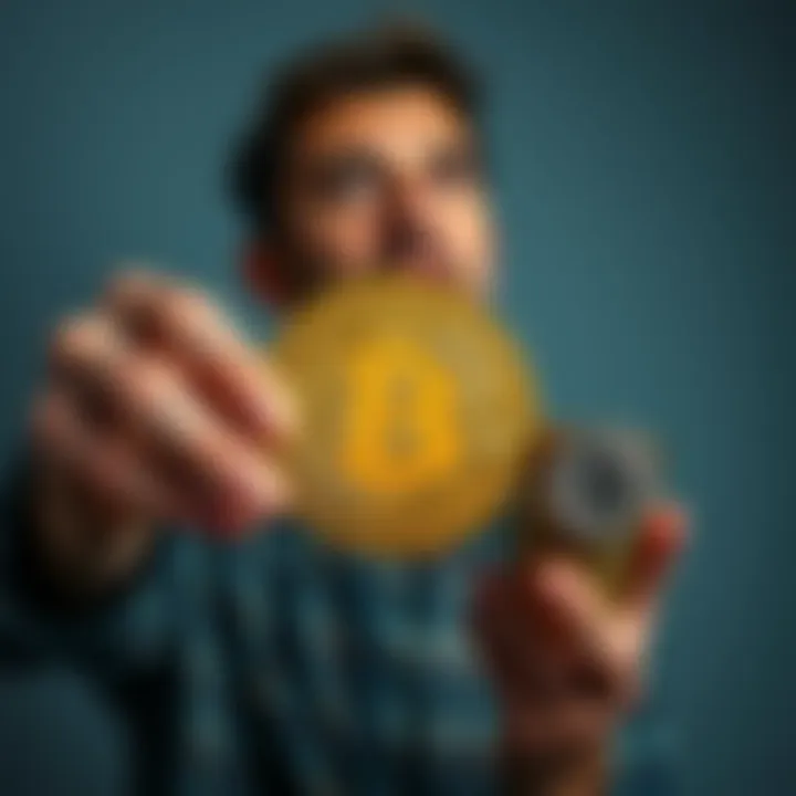 A person looking excited while holding a Bitcoin symbol in one hand and a stack of traditional coins in the other.