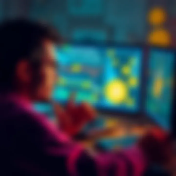 A person looking at their computer screen, surrounded by notes and coin designs, reflecting both determination and stress.