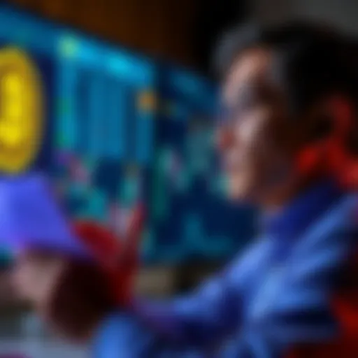 A thoughtful person looking at financial documents with Bitcoin symbols on a screen, weighing options for a loan investment.