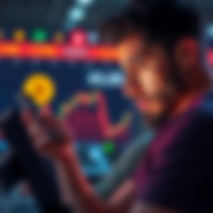 Person looking at Bitcoin price chart Individual analyzing Bitcoin prices on a smartphone, highlighting unexpected fees for a 500 AUD purchase, with a confused expression.