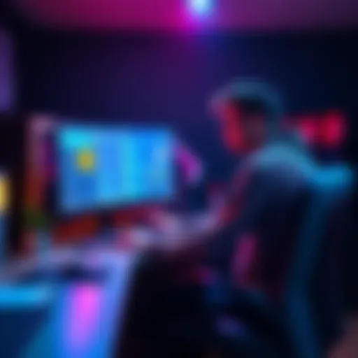 A person sitting in front of their computer, setting up Bitcoin mining software with mining rigs in the background