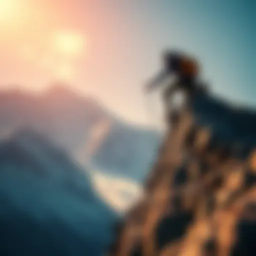A determined individual climbing a steep mountain, symbolizing the journey to unlock potential through challenges.
