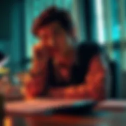 Individual considering selling an item with a thoughtful expression, calculator and charts on the table