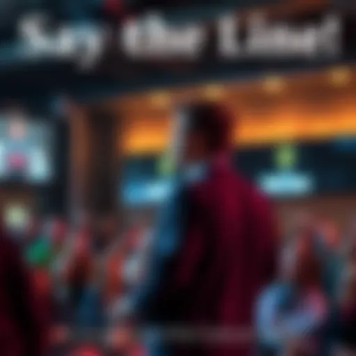 A person stands confidently, delivering a well-known line from a movie or show, with an engaged audience in the background.