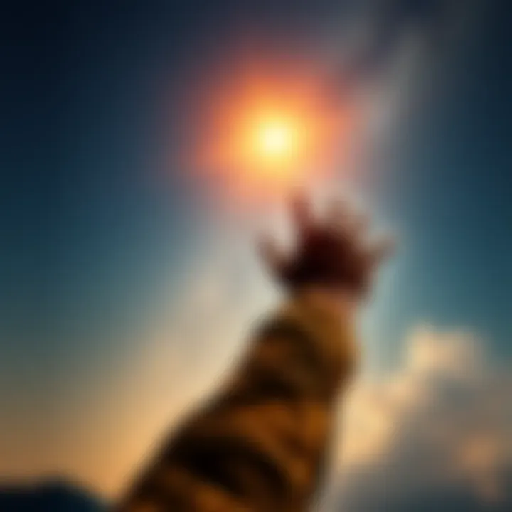 A person stretches their hand toward a bright star in the night sky, symbolizing the pursuit of dreams and aspirations.
