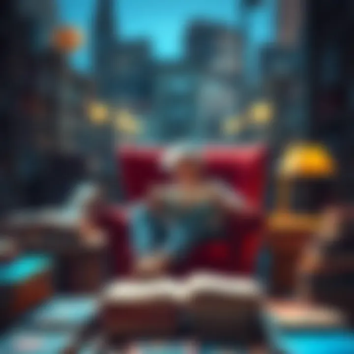 A person sitting in a cozy chair, absorbed in reading a book on World Book Day, surrounded by colorful book covers