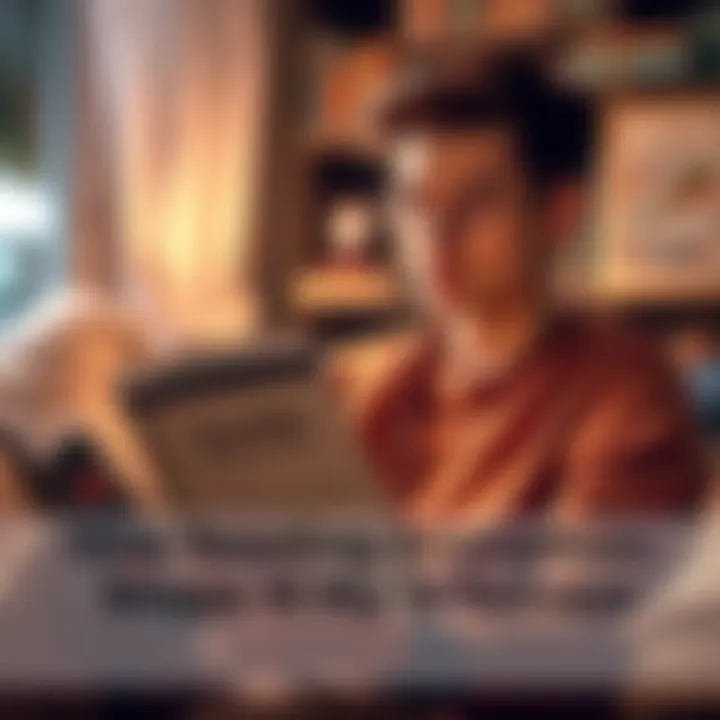 A young adult reading an economics book in a cozy setting, reflecting on ideas for personal growth and decision-making.