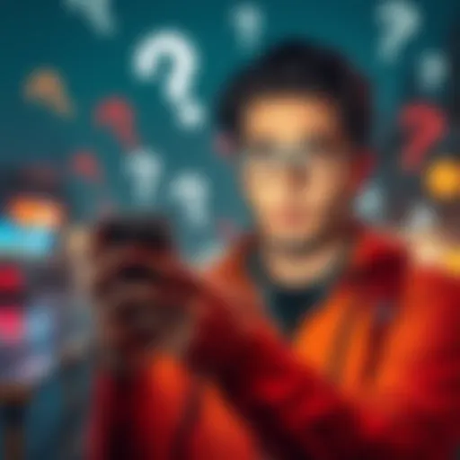 A person looks confused while reading news articles on a smartphone, surrounded by swirling question marks to represent confusion.