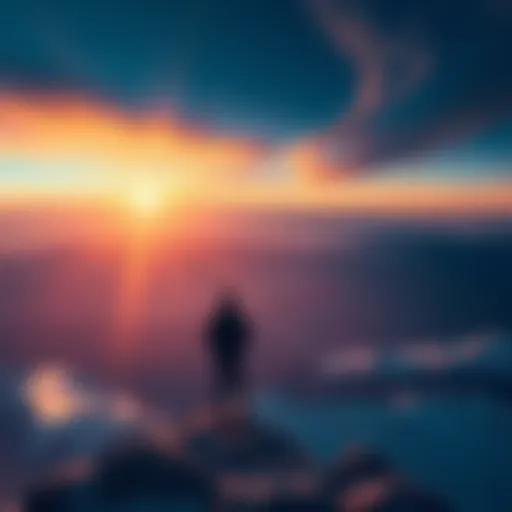 A person standing alone on a mountain top, looking out at a vast landscape, symbolizing resilience and inspiration.