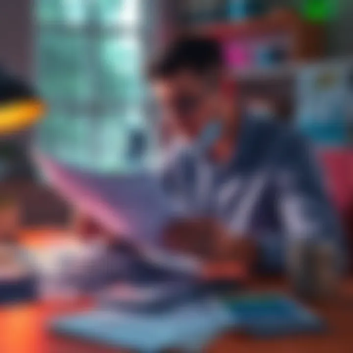 A person sitting at a table, looking over bills and financial documents with a concerned expression, trying to track their spending