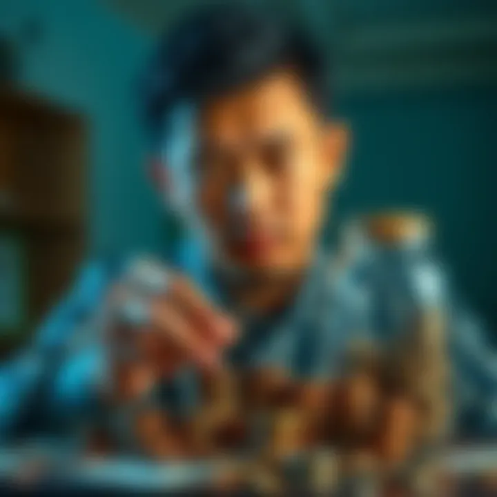 A person counting coins and stacking bills while looking determined, with a savings jar in the background.