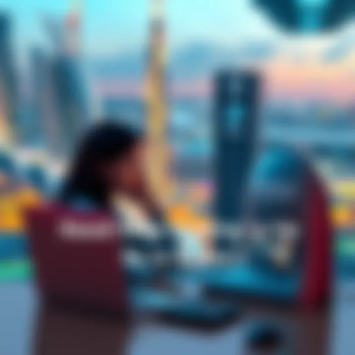 A person sitting in front of a laptop, looking frustrated while trying to sign up for a service, with a background showing a view of Dubai