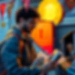 A person selling various items at a yard sale to buy Bitcoin, with a Bitcoin symbol in the background.