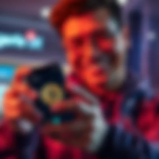A person smiling while looking at a smartphone that shows a Bitcoin wallet app, symbolizing a positive shift in belief about Bitcoin.