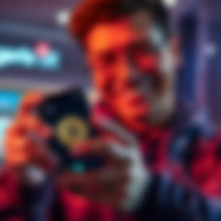 A person smiling while looking at a smartphone that shows a Bitcoin wallet app, symbolizing a positive shift in belief about Bitcoin.