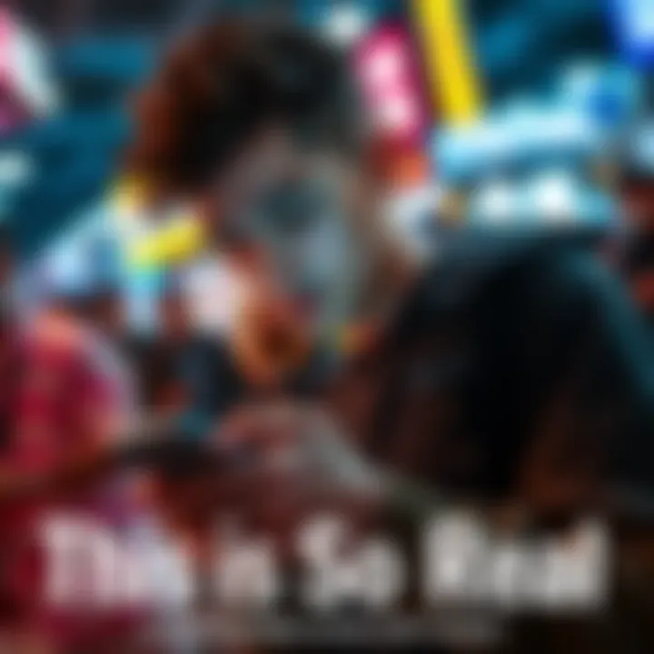 A person focused on their smartphone, surrounded by blurred distractions in a busy environment