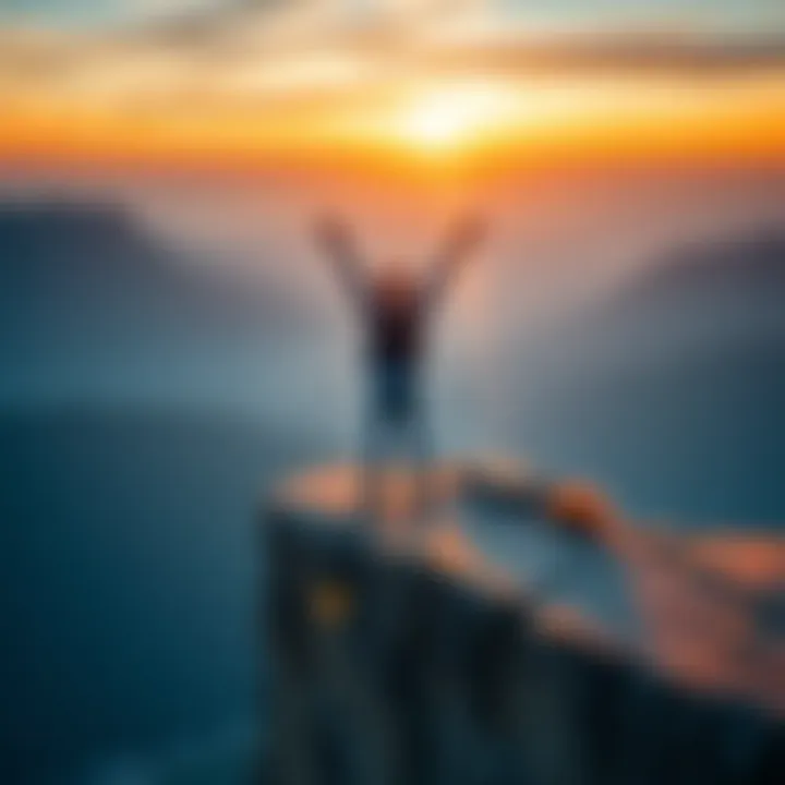 Individual with arms raised, celebrating at a cliff's edge, symbolizing self-belief and overcoming challenges.